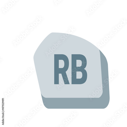 A light blue irregular shape with a subtle shadow effect displaying the letters r and b in a bold font
