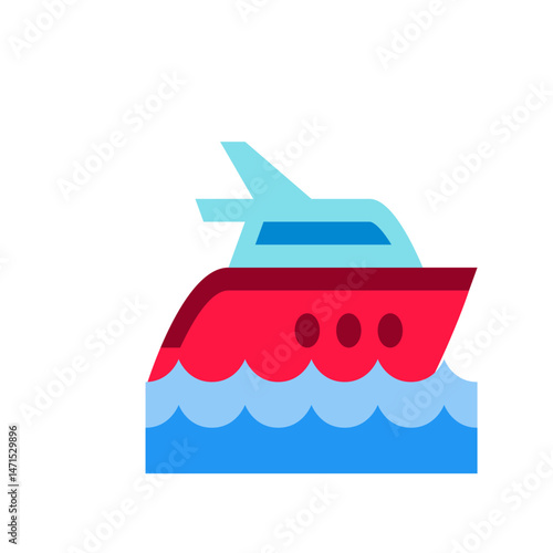 Illustration of a red and blue yacht sailing on blue waves with a white background in a simple style