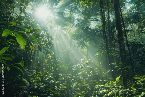 Fototapeta Naklejka Na Ścianę i Meble -  Lush jungle forest bathed in sunlight beams.
