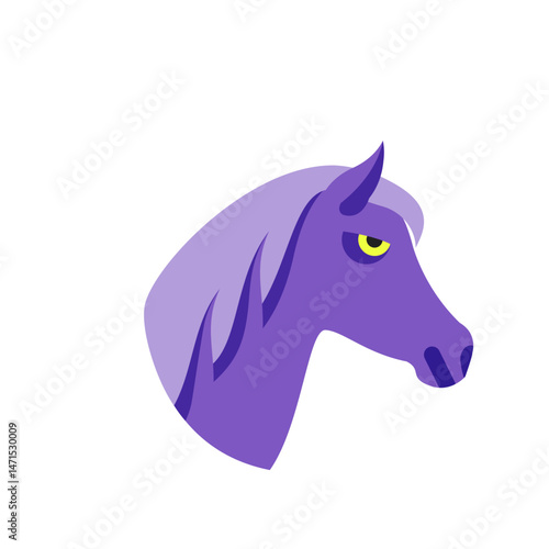 Stylized illustration of a purple horse head with a yellow eye and a light purple mane design art