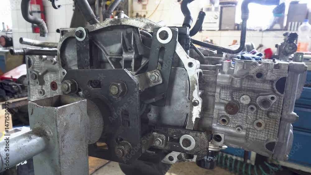 Car service. Engine on a stand for repair in a repair shop. Car repair concept. Car maintenance Car service. Engine on a stand for repair in a repair shop. Car repair concept. Car maintenance