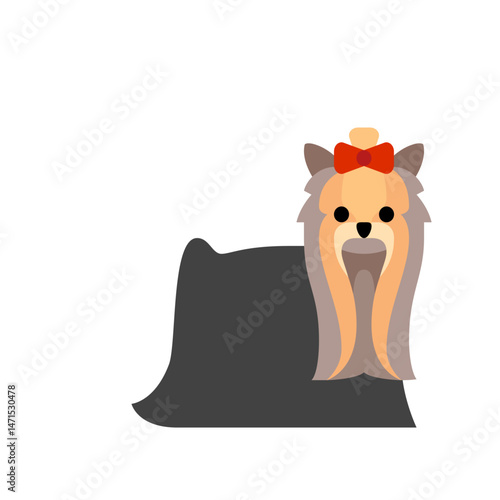 Illustration of a yorkshire terrier with a red bow on its head and long flowing hair in a cartoon style