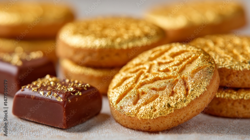 Close-up of Gold-Embossed Cookies and Shiny Chocolate Squares on a Textured Surface Close-up of Gold-Embossed Cookies and Shiny Chocolate Squares on a Textured Surface