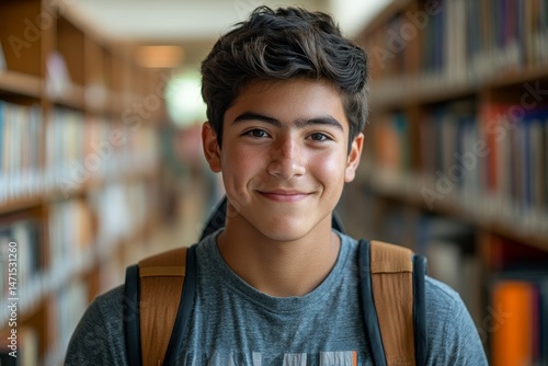 Hispanic Student Boy with Backpack in the Library