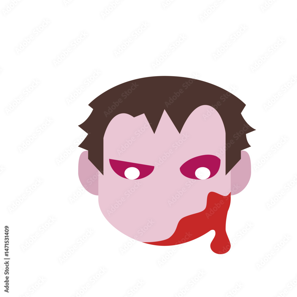 Illustration of a zombie head with brown hair, pale skin, red eyes, and blood dripping from the mouth Illustration of a zombie head with brown hair, pale skin, red eyes, and blood dripping from the mouth