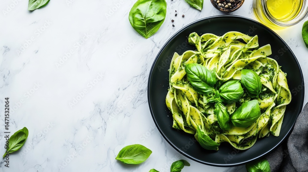Obraz premium Stylish black plate of pasta with culinary greens and floral notes, placed on marble background