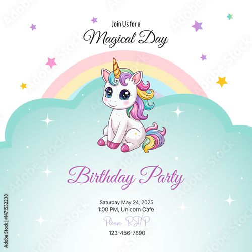 Birthday party invitation. Template. Cute unicorn on a rainbow background. Vector illustration
