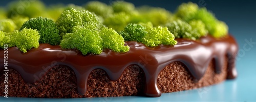 Lush Chocolate Covered Dessert Resembling Verdant Landscape with Green Toppings on Teal Background