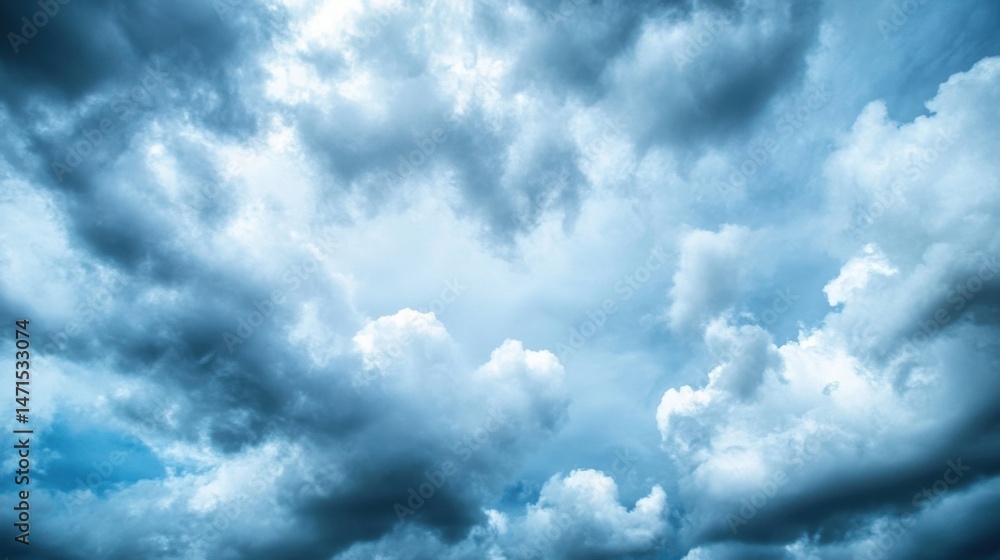 Obraz premium A dramatic sky filled with voluminous, dark blue and light blue cumulus clouds, creating a moody and atmospheric scene. : Generative AI