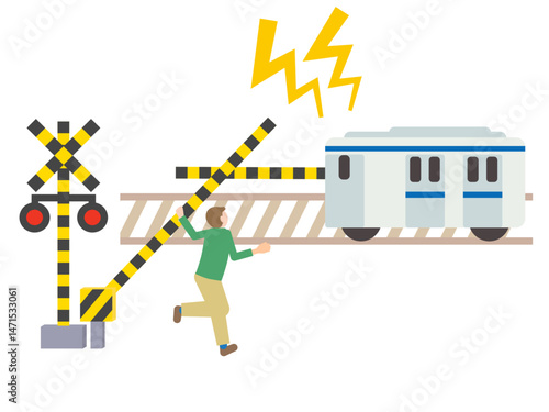手動で踏切を上げ不正に渡る人と警笛を鳴らす列車のイメージのイラスト