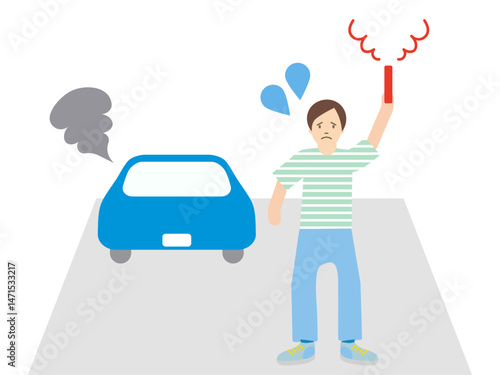 煙を出している故障車と発煙筒を持って警告するドライバーのシンプルなイラスト