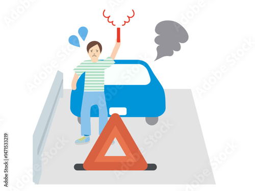煙を出している故障車と発煙筒を持って警告するドライバーのシンプルなイラスト