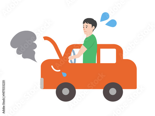 煙を出している故障車と困っているドライバーのシンプルなイラスト