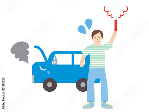 煙を出している故障車と発煙筒を持って警告するドライバーのシンプルなイラスト