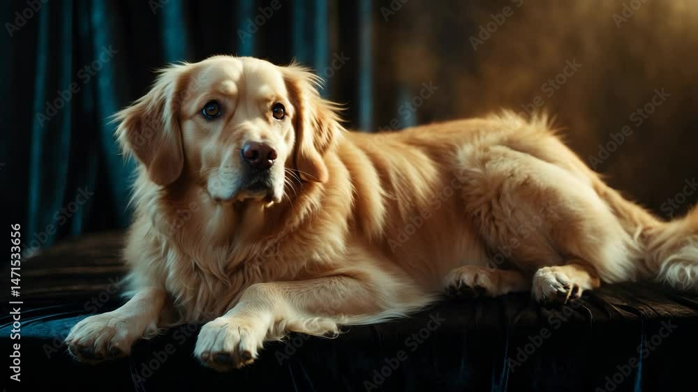 Grown-up dog reclining against background, studio video Grown-up dog reclining against background, studio video