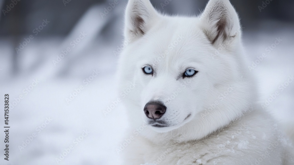 Obraz premium Portrait of a majestic white husky dog with striking blue eyes, sitting in a snowy winter landscape. The dog's fur is thick and fluffy, and its gaze is intense and captivating. : Generative AI