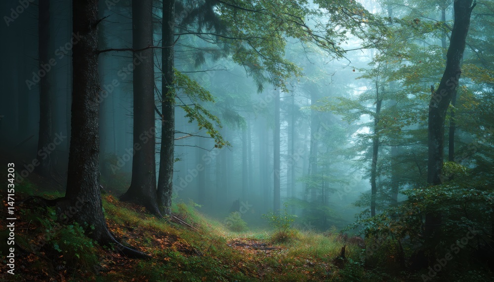 Fototapeta premium Misty woods create an ethereal and mysterious atmosphere