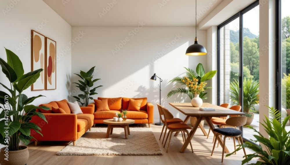Fototapeta premium this is an interior room with modern furniture and decor. the space features an open floor plan, connecting the living area to what appears to be a dining area in the background
