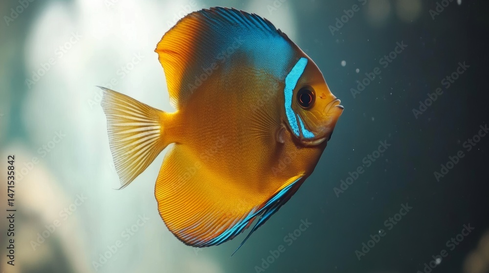 Naklejka premium Stunning close up of a colorful orange and blue discus fish swimming elegantly in an aquarium