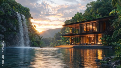 Luxurious jungle house by a waterfall