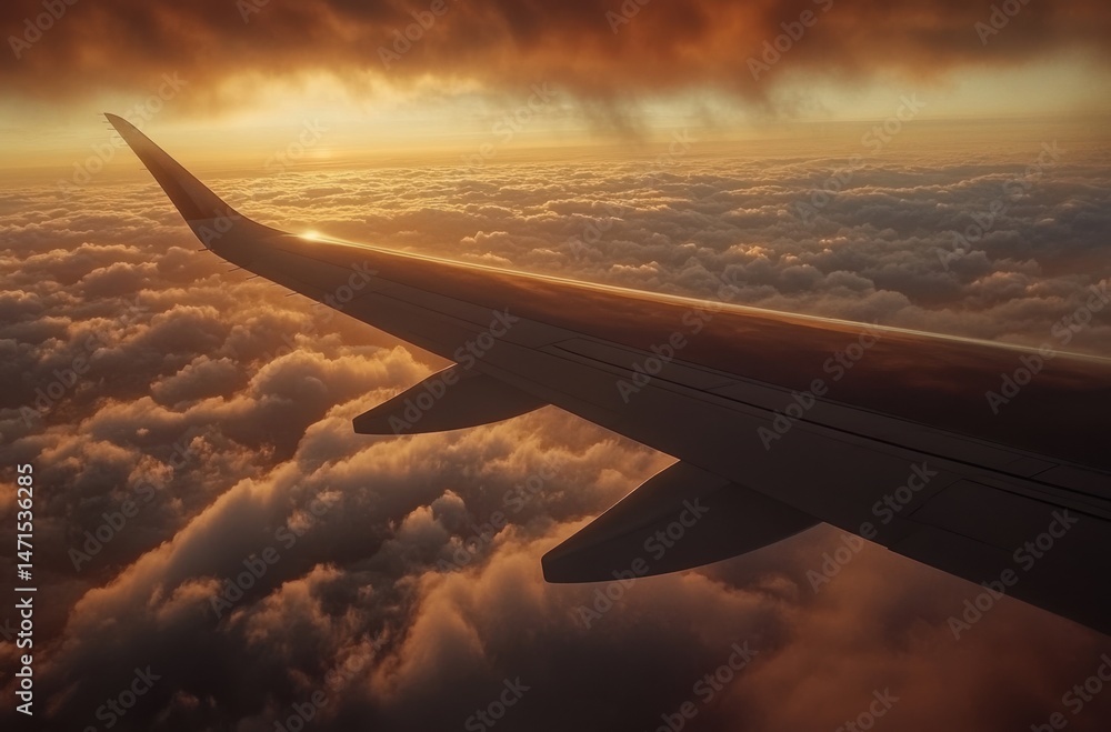 Obraz premium Side view of airplane wing flying over sunset clouds