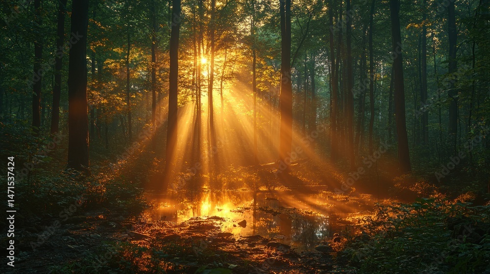 Fototapeta premium Golden sunlight streams through misty forest (1)