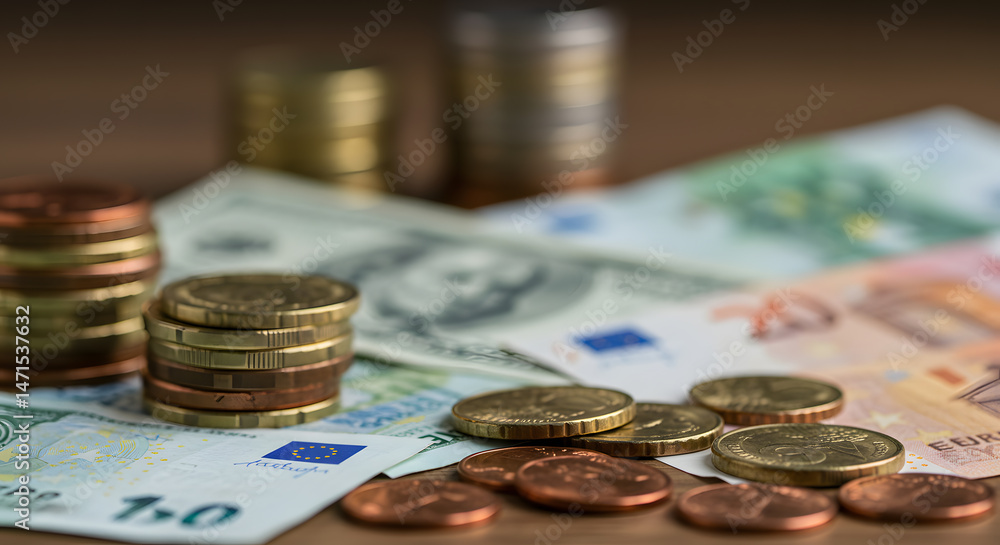 Financial Success A Close-Up View of Euro and US Dollar Currency, Coins, and Stacks Representing Wealth, Investment, and Economic Growth Financial Success A Close-Up View of Euro and US Dollar Currency, Coins, and Stacks Representing Wealth, Investment, and Economic Growth