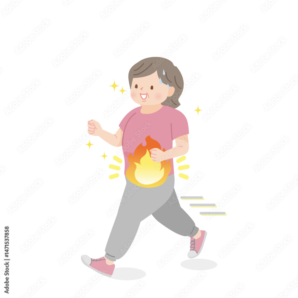 ランニングをする太った中年女性のイラスト素材 ランニングをする太った中年女性のイラスト素材