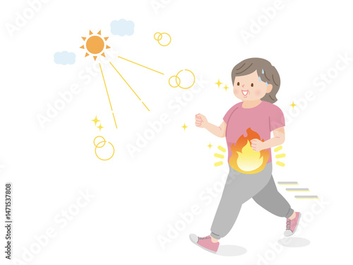 ランニングをする太った中年女性のイラスト素材