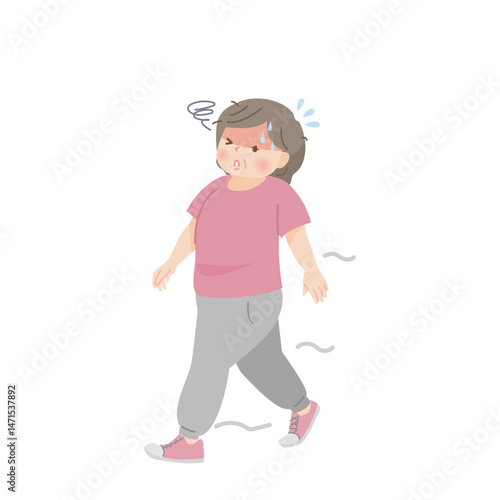 運動してふらつく太った中年女性のイラスト素材