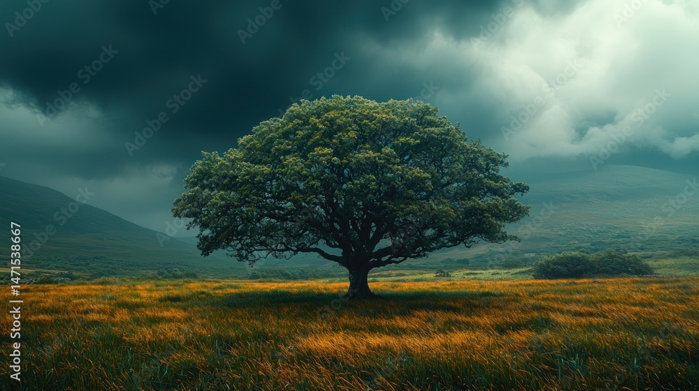 Fototapeta premium Solitary tree in a golden field under a stormy sky