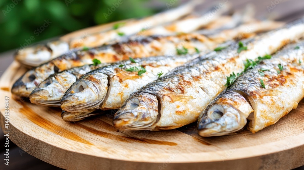 Grilled sardines arranged on a wooden platter, garnished with fresh parsley, showcasing their golden-brown, crispy skin and succulent flesh. : Generative AI Grilled sardines arranged on a wooden platter, garnished with fresh parsley, showcasing their golden-brown, crispy skin and succulent flesh. : Generative AI