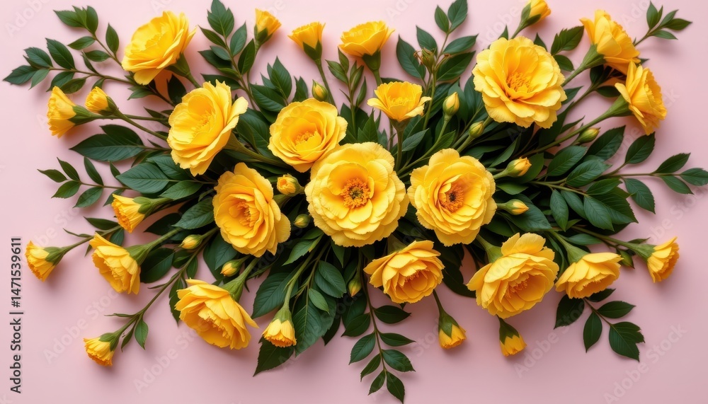 Obraz premium a collection of yellow roses artfully arranged to form an arched pattern on a light colored background