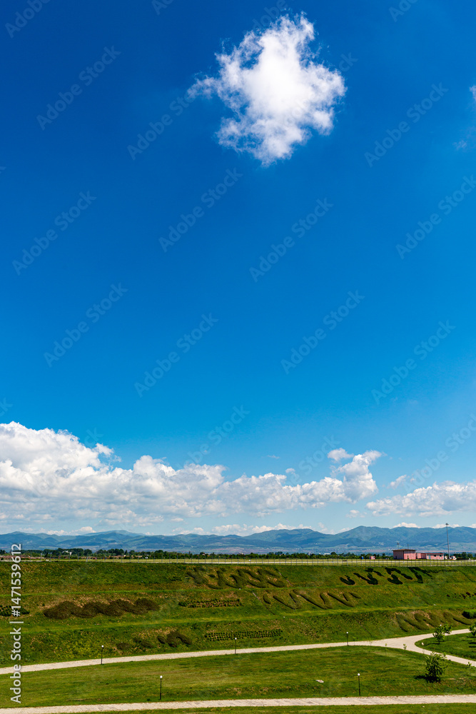 Grass field and blue sky in sunny day