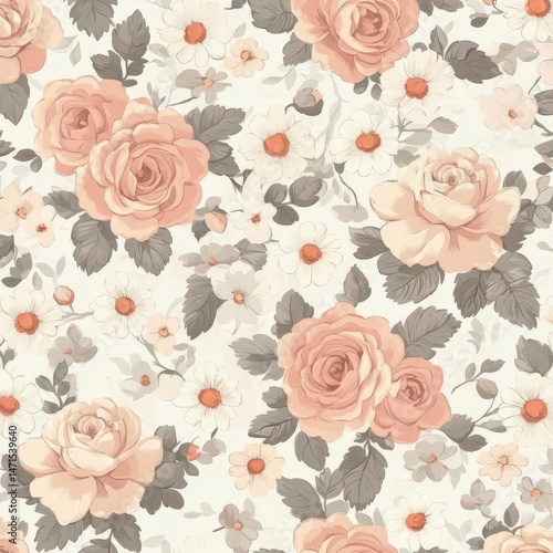 Wallpaper Mural A floral pattern featuring soft pink roses and small flowers on a light background. Torontodigital.ca