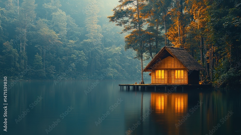 Fototapeta premium Serene cabin on a lake in misty forest