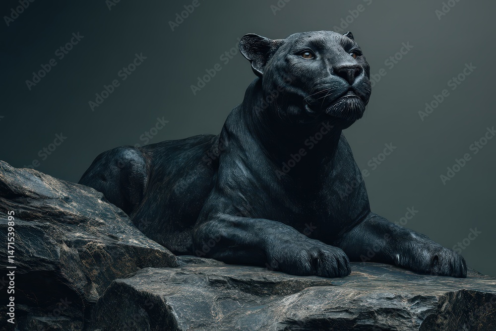 Obraz premium Dark panther sculpture resting on a rock face.