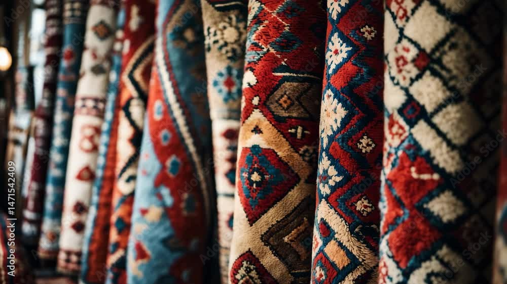 Carpets displayed rolled and hanging Carpets displayed rolled and hanging