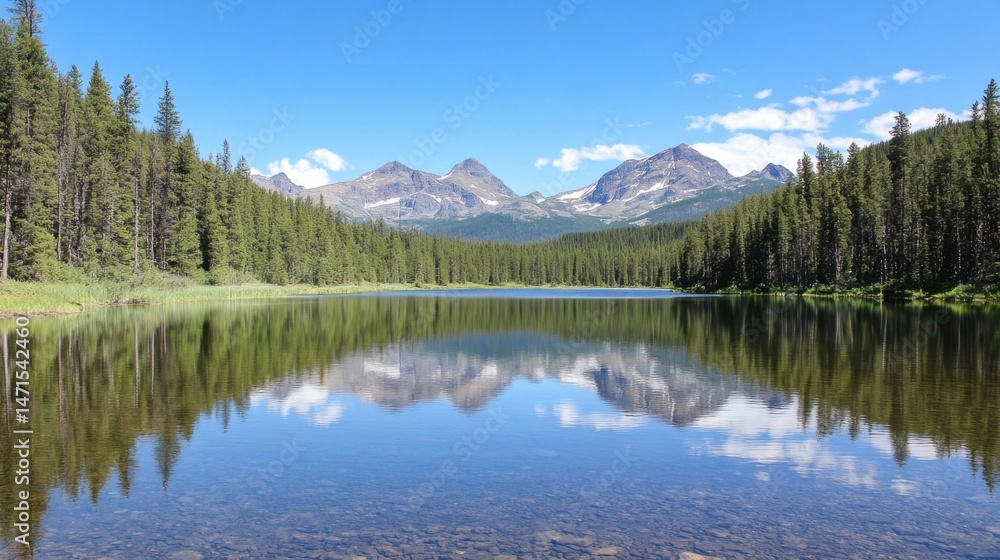 Serene mountain lake reflecting majestic peaks under a vibrant blue sky, surrounded by lush evergreen forest. : Generative AI Serene mountain lake reflecting majestic peaks under a vibrant blue sky, surrounded by lush evergreen forest. : Generative AI