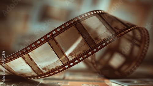 A film strip curls against a blurry background.
