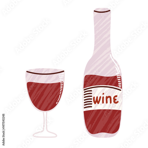 Wine bottle and full glass. Simple and modern design with hand-drawn texture