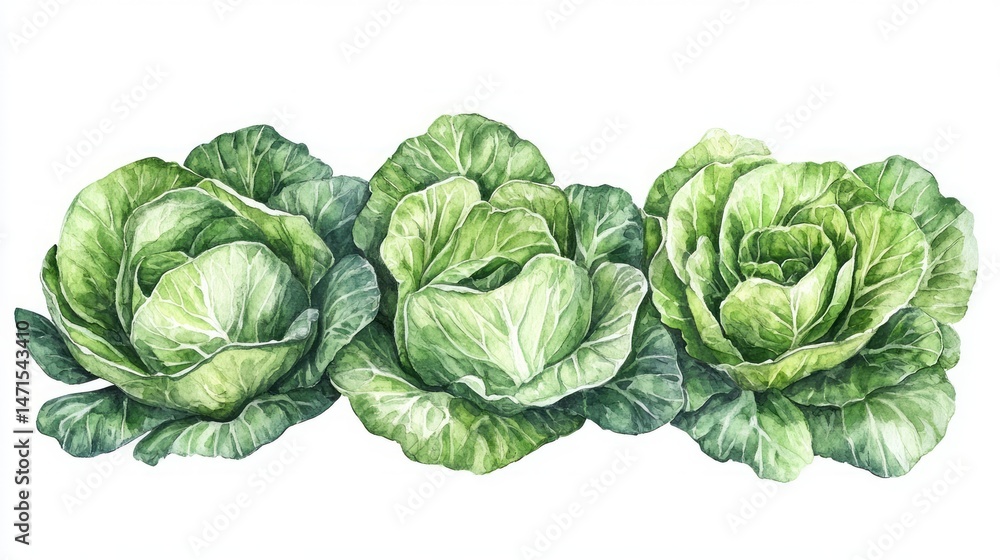 Fototapeta premium Three watercolor cabbages, arranged in a row.
