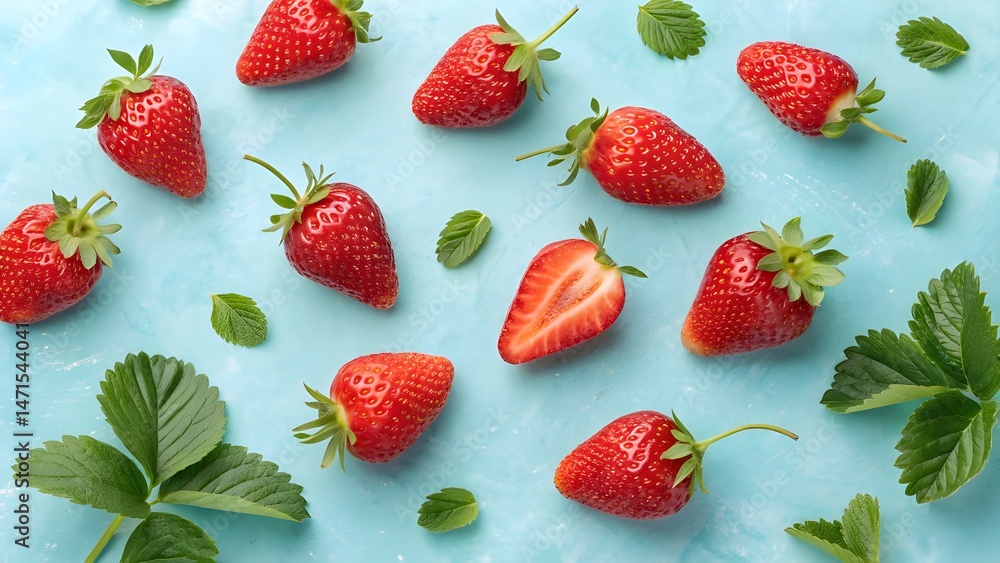 a refreshing display of ripe red strawberries, both whole and sliced, scattered across a cool blue surface dotted with water droplets. a refreshing display of ripe red strawberries, both whole and sliced, scattered across a cool blue surface dotted with water droplets.