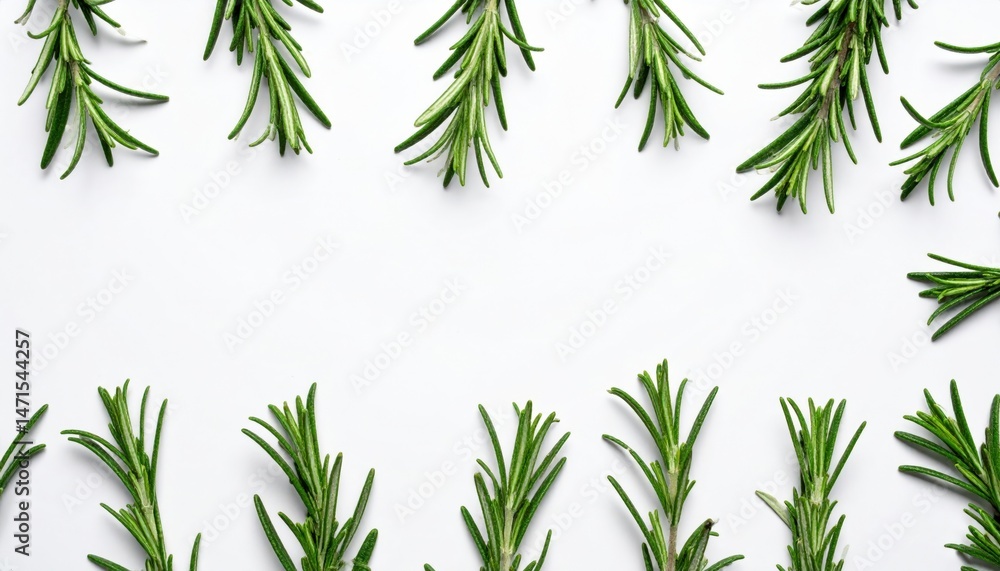 Naklejka premium Harvesting fresh rosemary sprigs culinary kitchen food photography minimalist style top-down view aromatic herbs
