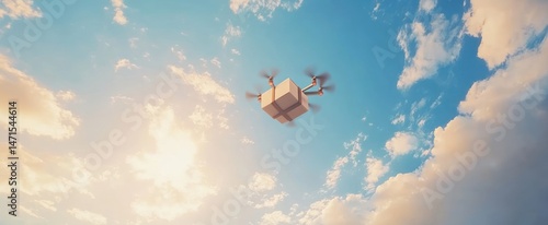 A drone carrying a gift box in the sky.