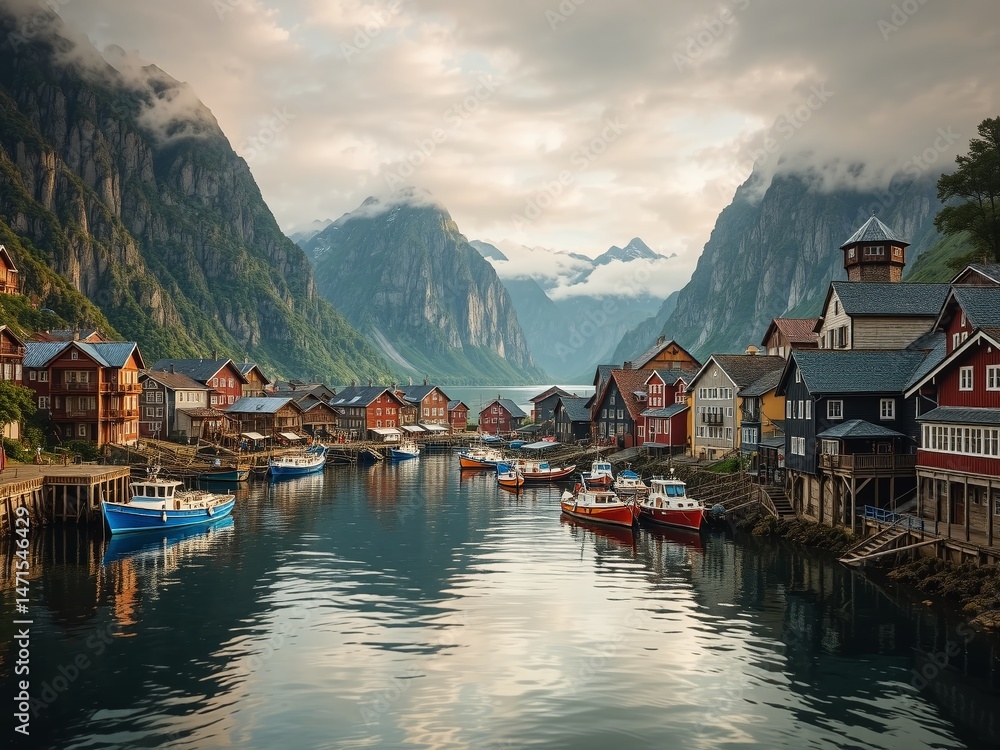 Fototapeta premium Fjord Village - Limestone Peaks & Calm Waters