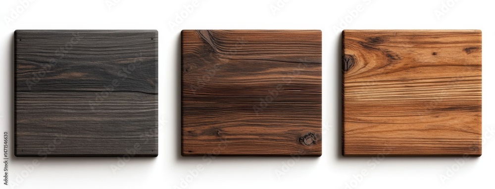 Three square wooden panels showcasing variations in dark, medium brown, and light brown wood grain textures, ideal for design projects needing rustic or natural elements. : Generative AI Three square wooden panels showcasing variations in dark, medium brown, and light brown wood grain textures, ideal for design projects needing rustic or natural elements. : Generative AI