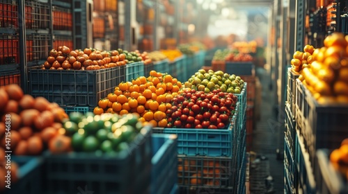 Fresh produce stacked in colorful crates inside a market.