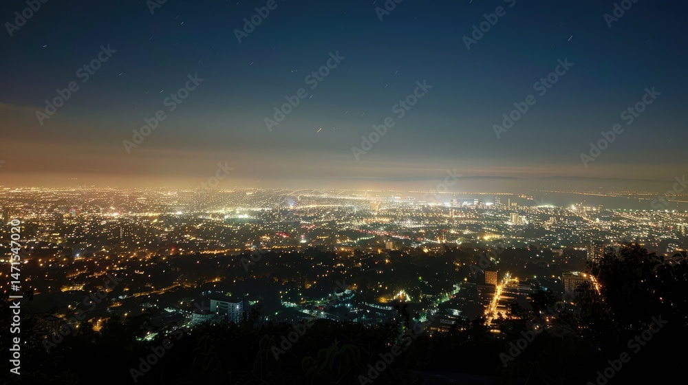 Fototapeta premium Night view of a sprawling metropolis from an elevated perspective.