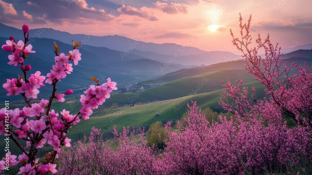 Obraz premium A serene landscape featuring pink blossoms, rolling hills, and a sunset backdrop.